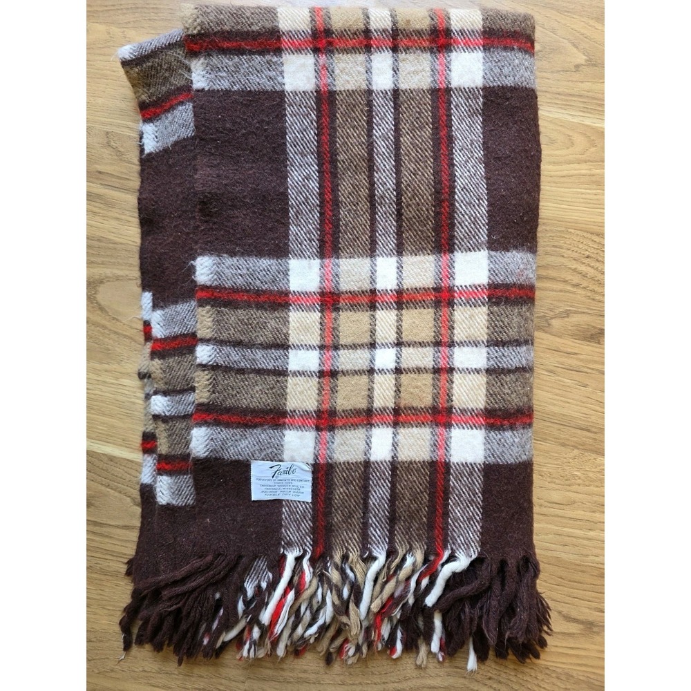 Vintage Faribo Brown Plaid Stadium Blanket 52x45" Faribault Woolen Mill